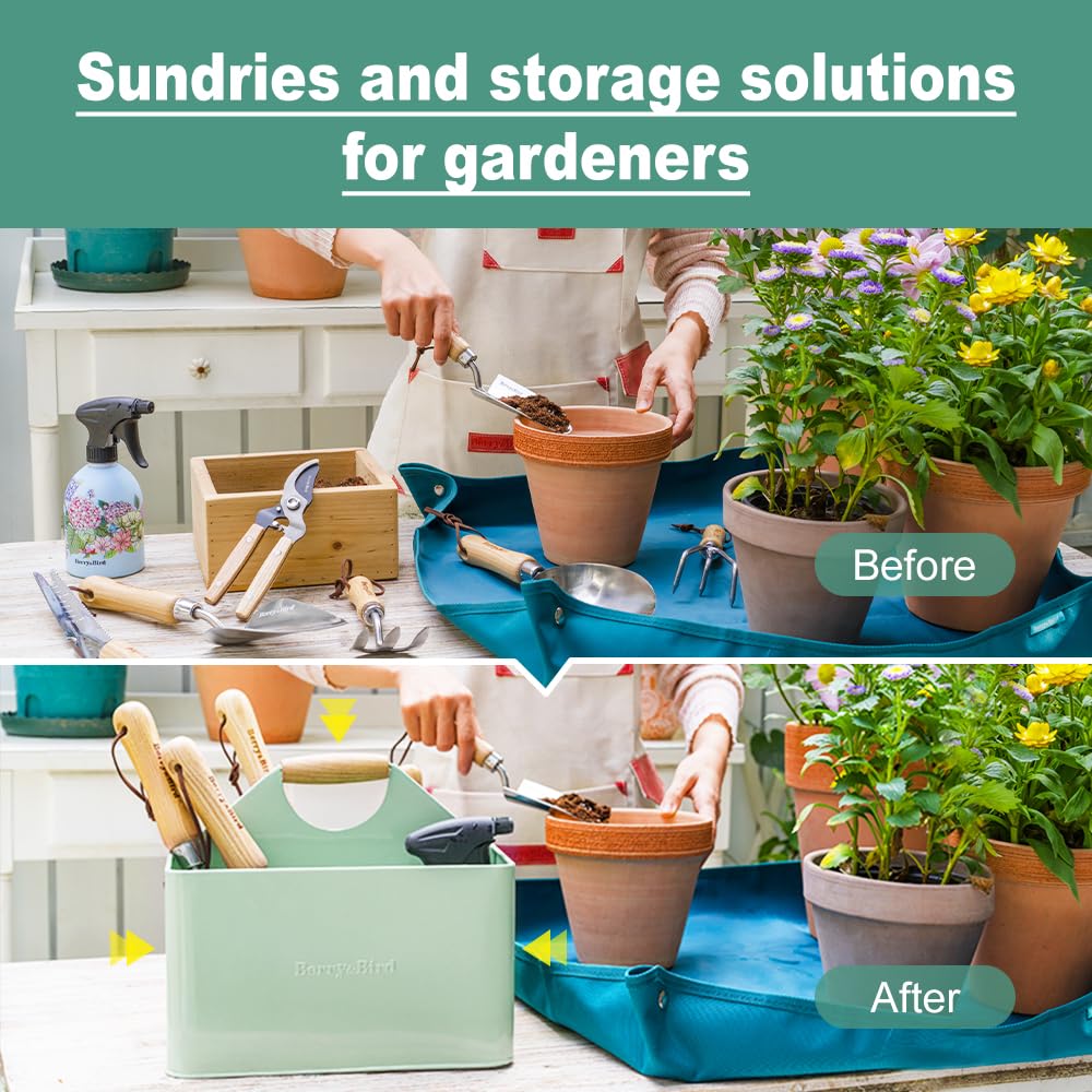 Berry&Bird caddy in use by potted plants holding trowel and gloves for quick access