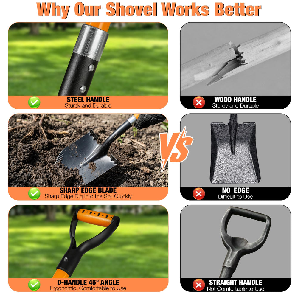 BERSCIT shovel beside a foot showing 41-inch scale for improved posture benefit