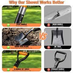 BERSCIT shovel beside a foot showing 41-inch scale for improved posture benefit