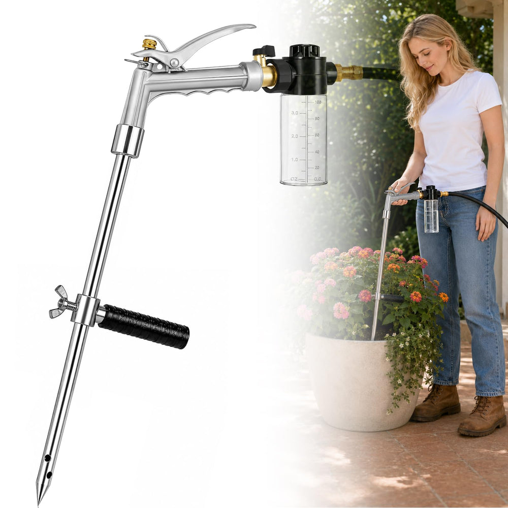 Beseetop front view showing stainless-steel spike and trigger handle for durable watering