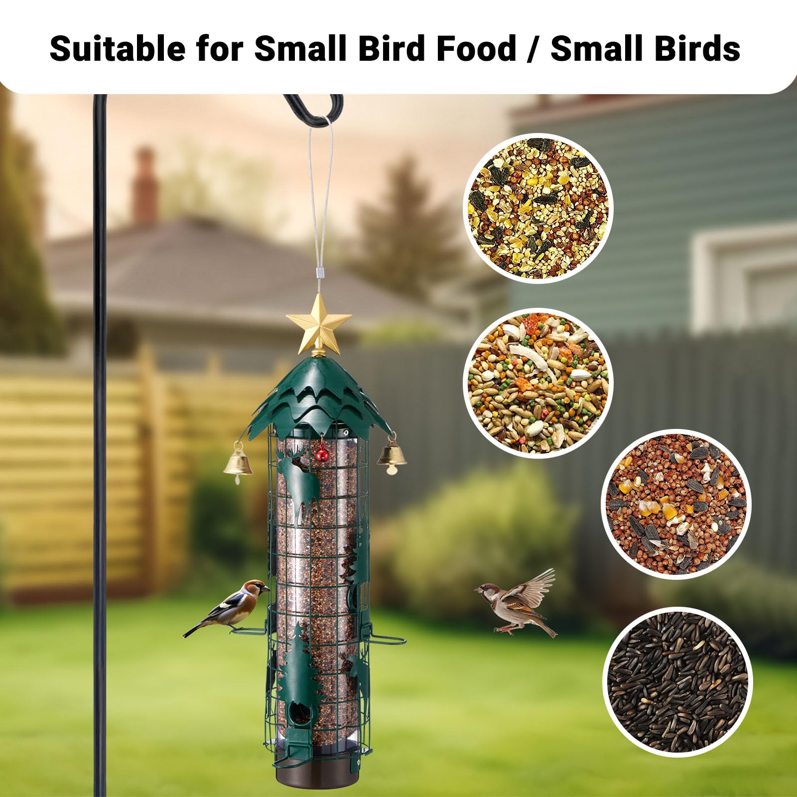 Beserie feeder hung in garden with songbirds demonstrating peaceful backyard feeding