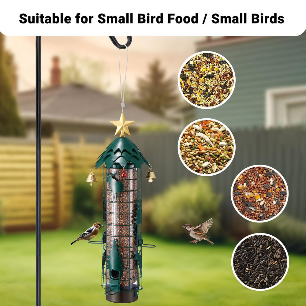 Beserie feeder hung in garden with songbirds demonstrating peaceful backyard feeding
