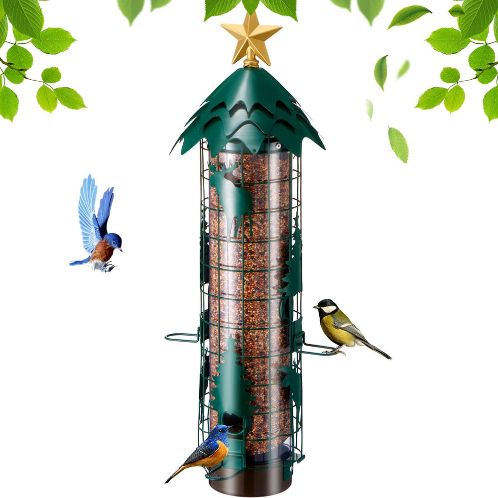 Beserie front view of hanging bird feeder showing ports and green finish, deters squirrels