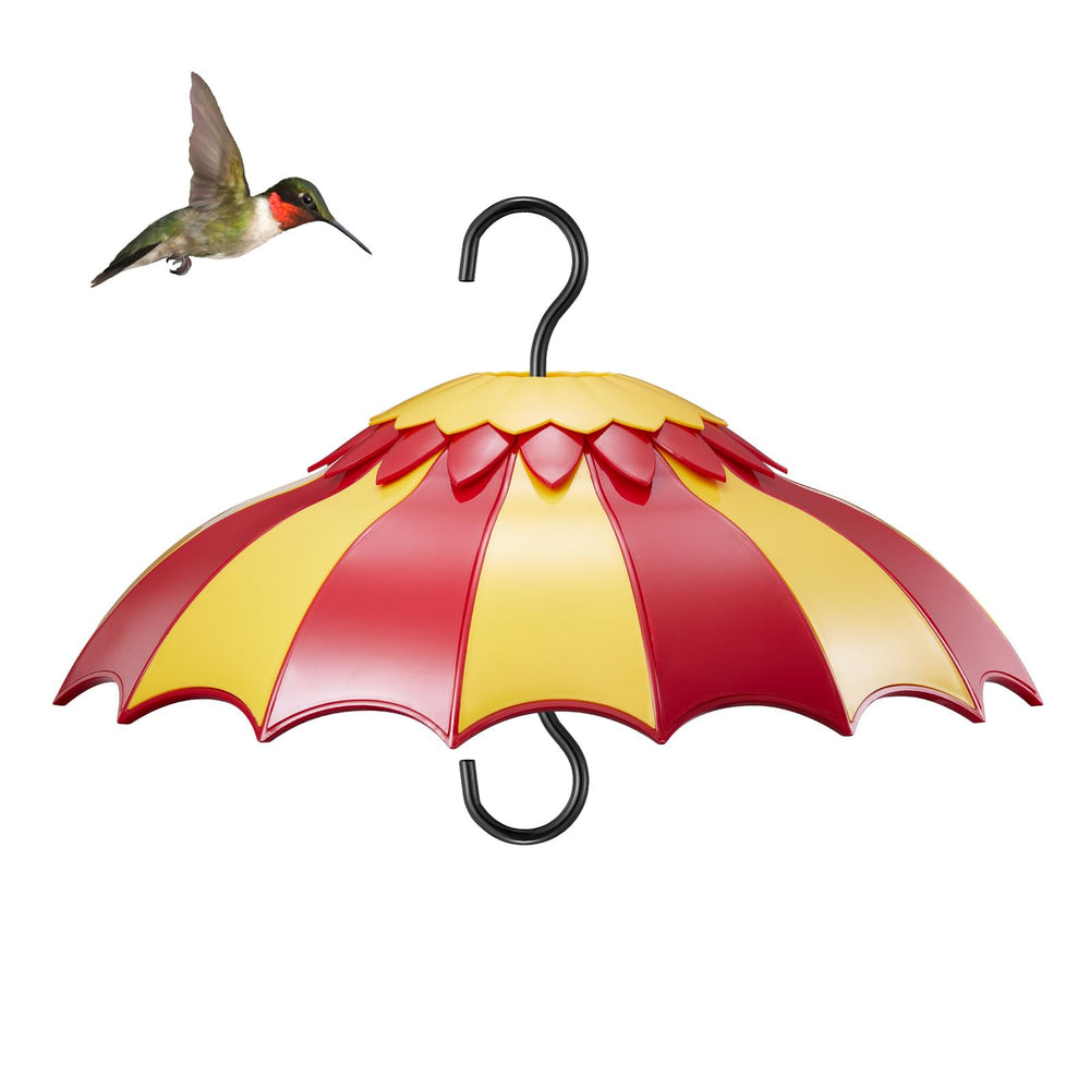 Beserie front view of red yellow umbrella cover protecting feeder and attracting hummingbirds