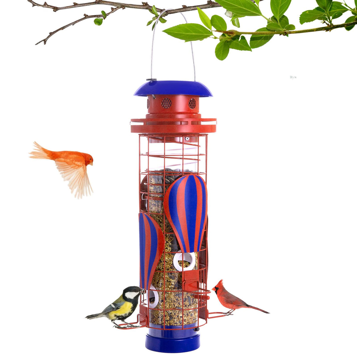 Beserie red hot air balloon feeder front view showing decorative silhouette and capacity