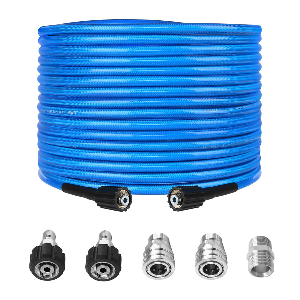 BESHED front view of 50ft pressure washer hose showing connectors and packaging benefits