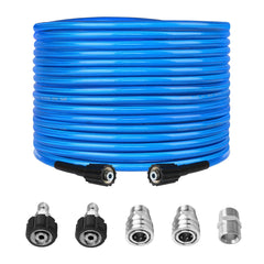 BESHED front view of 50ft pressure washer hose showing connectors and packaging benefits