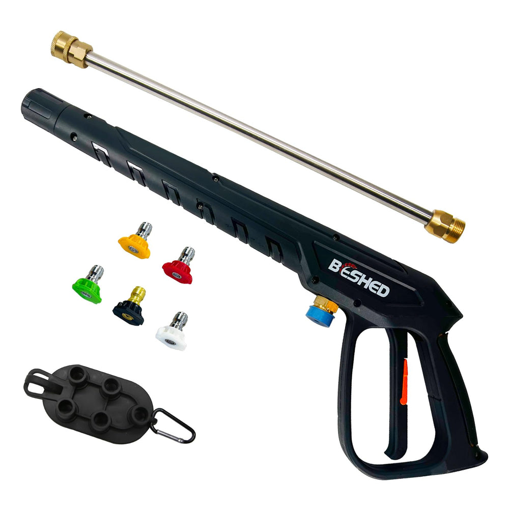 BESHED pressure washer gun front view showing durable build and benefits