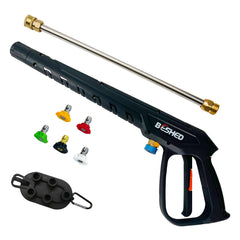 BESHED pressure washer gun front view showing durable build and benefits