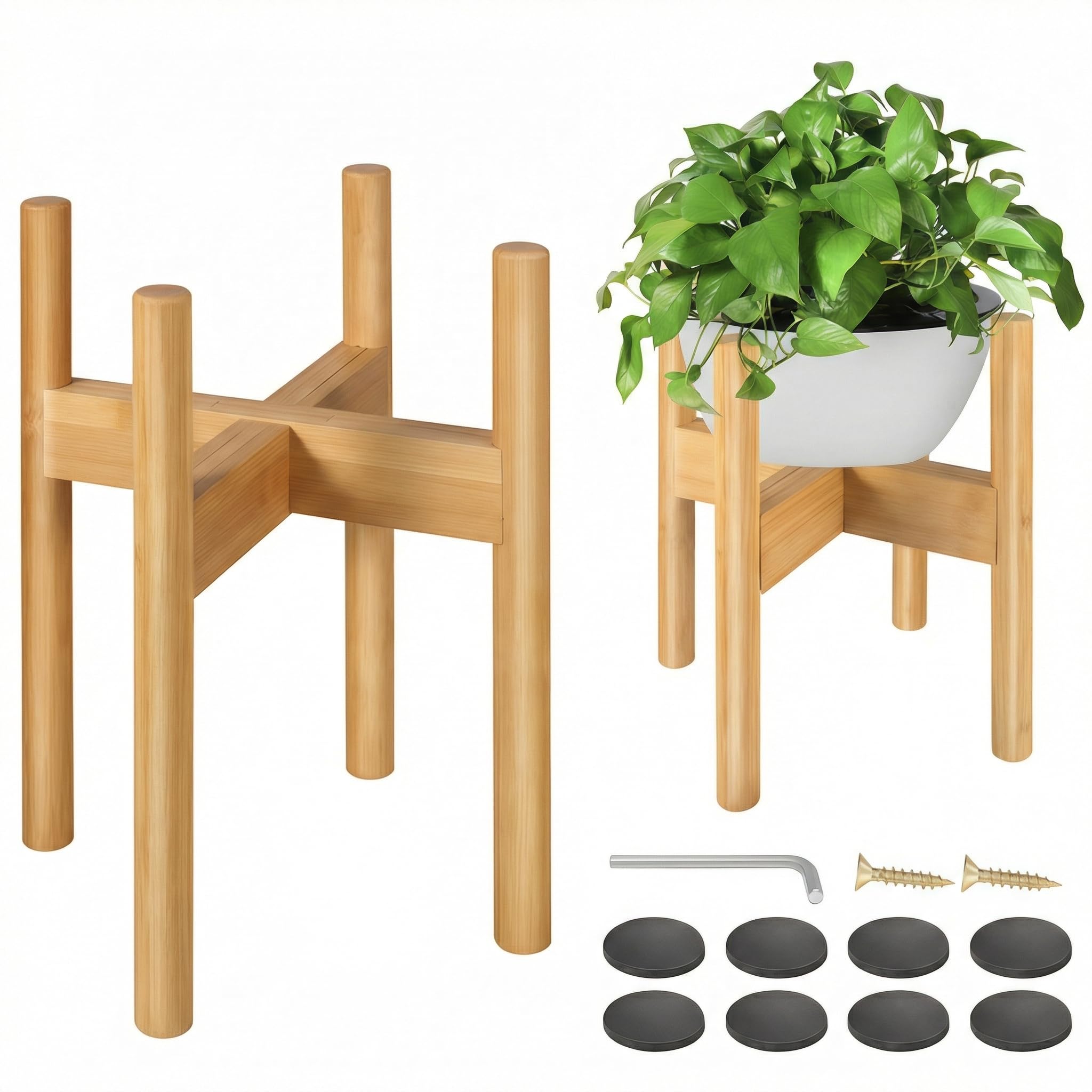 BESHOF bamboo plant stand front view showing stable mid-century design and warm finish