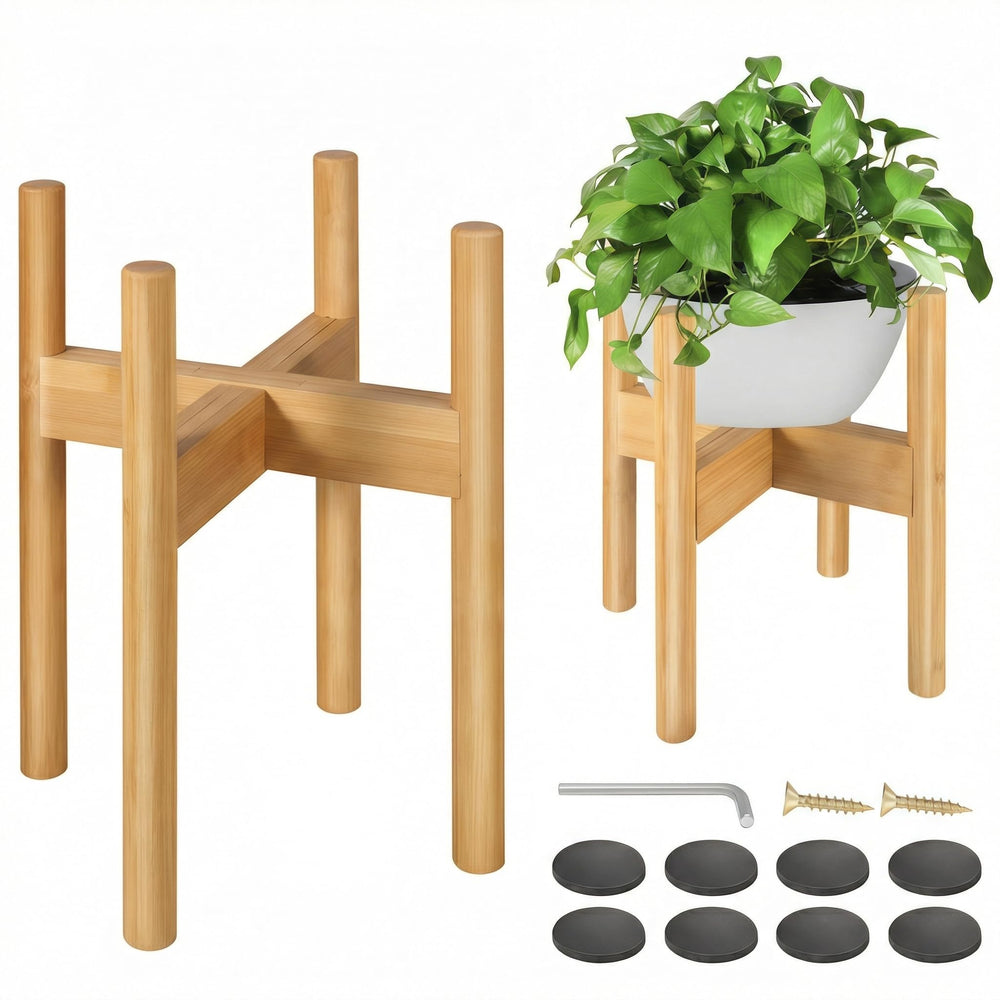 BESHOF bamboo plant stand front view showing stable mid-century design and warm finish