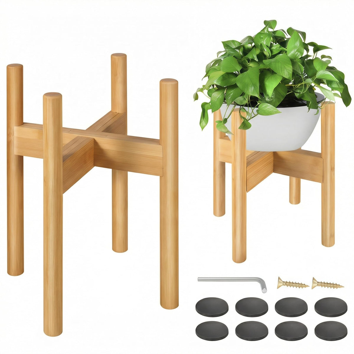 BESHOF bamboo plant stand front view showing stable mid-century design and warm finish