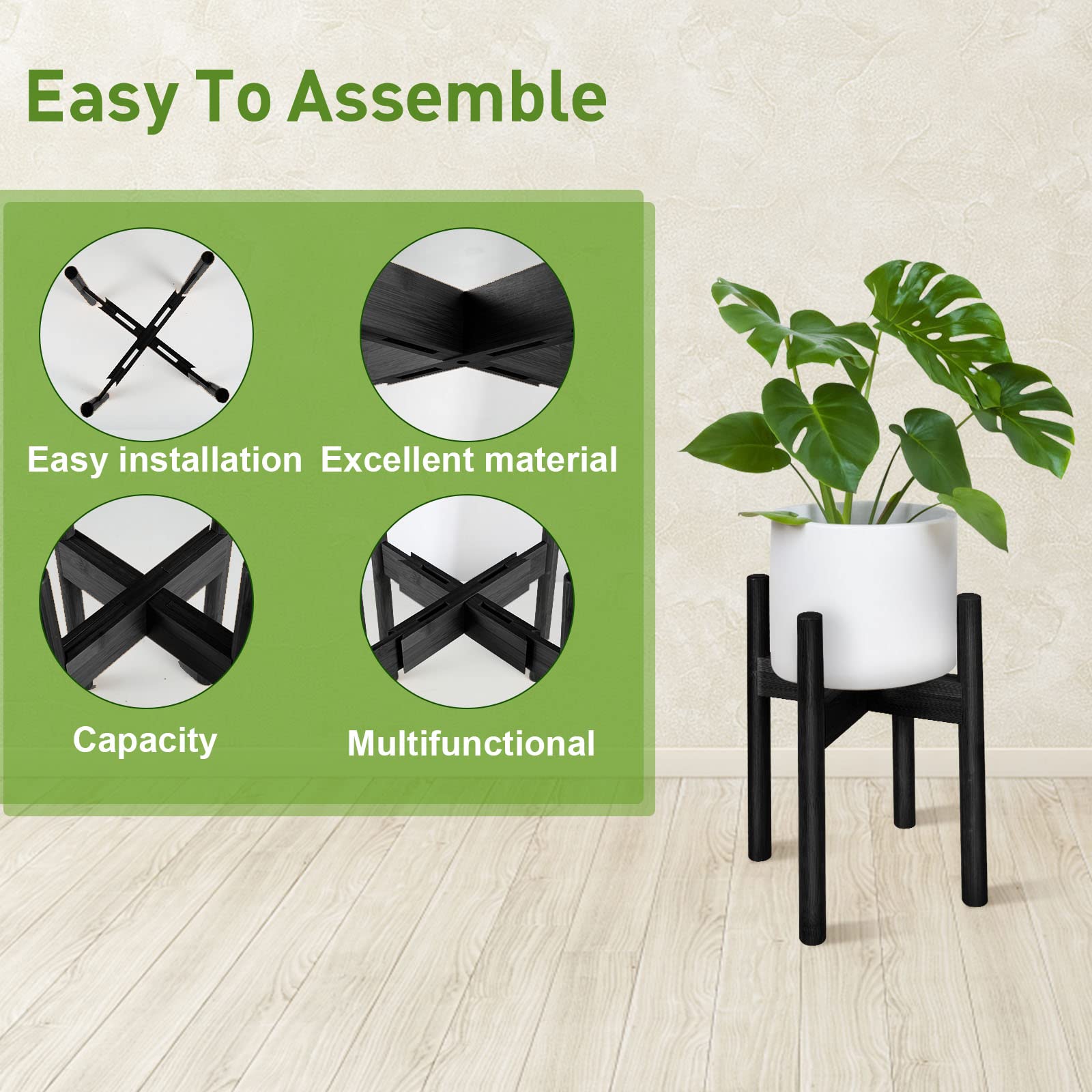 BESHOF stand with a small planter showing adjustable rail fit