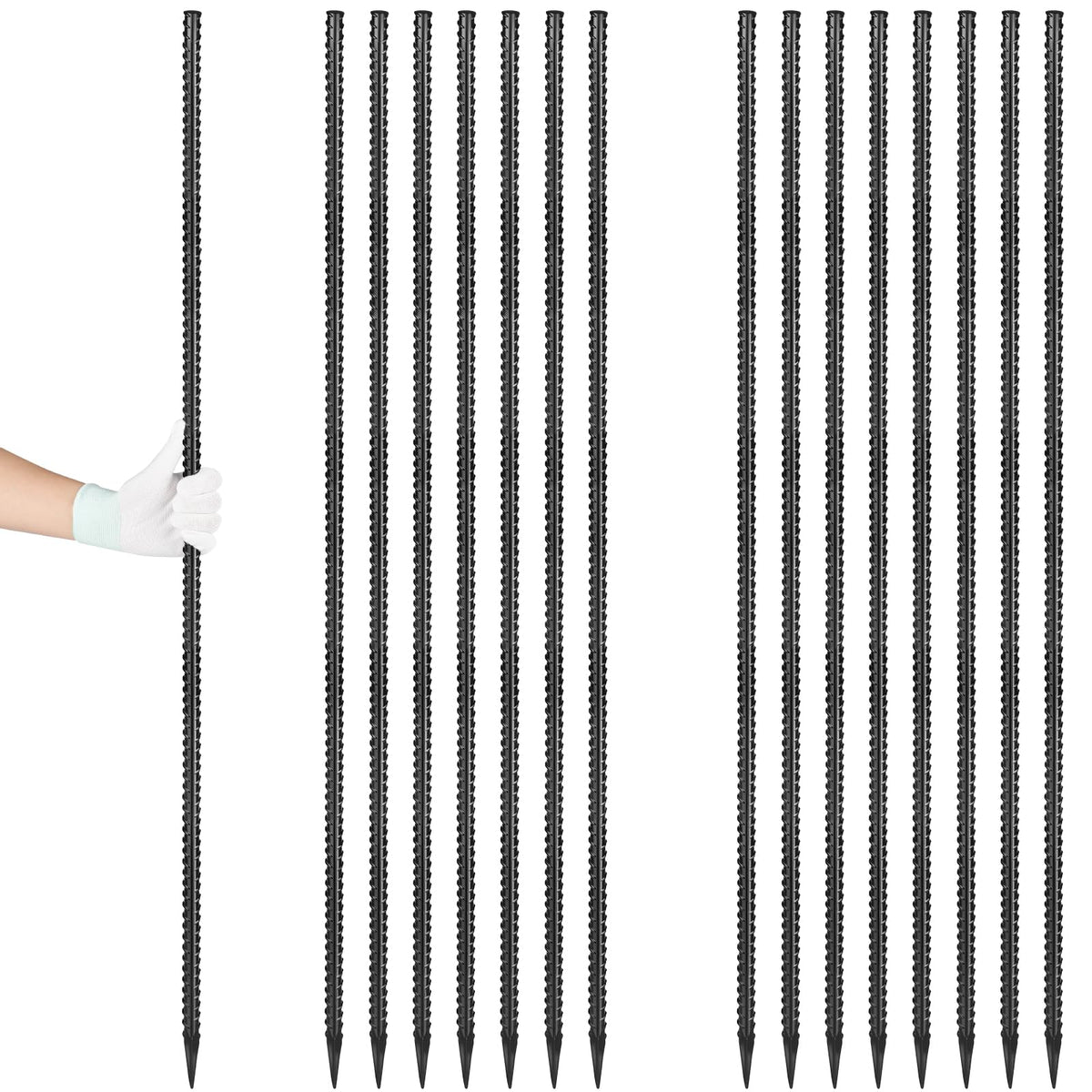 Besitu front view of 16-pack rebar stakes showing bundle and packaging, tidy and durable
