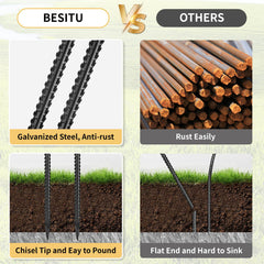 Besitu rebar stakes next to tape measure showing 48-inch length for deep anchoring