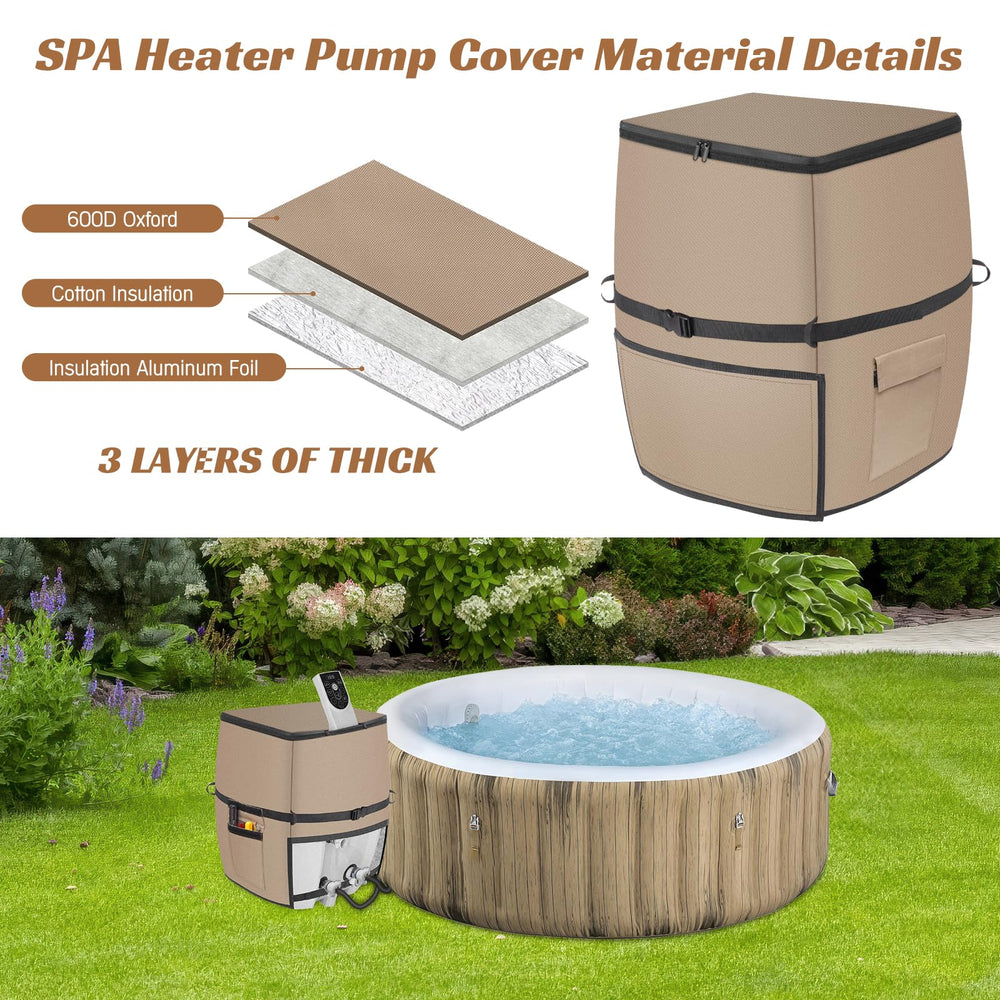 bespeur covered heater pump beside inflatable spa showing neat fit