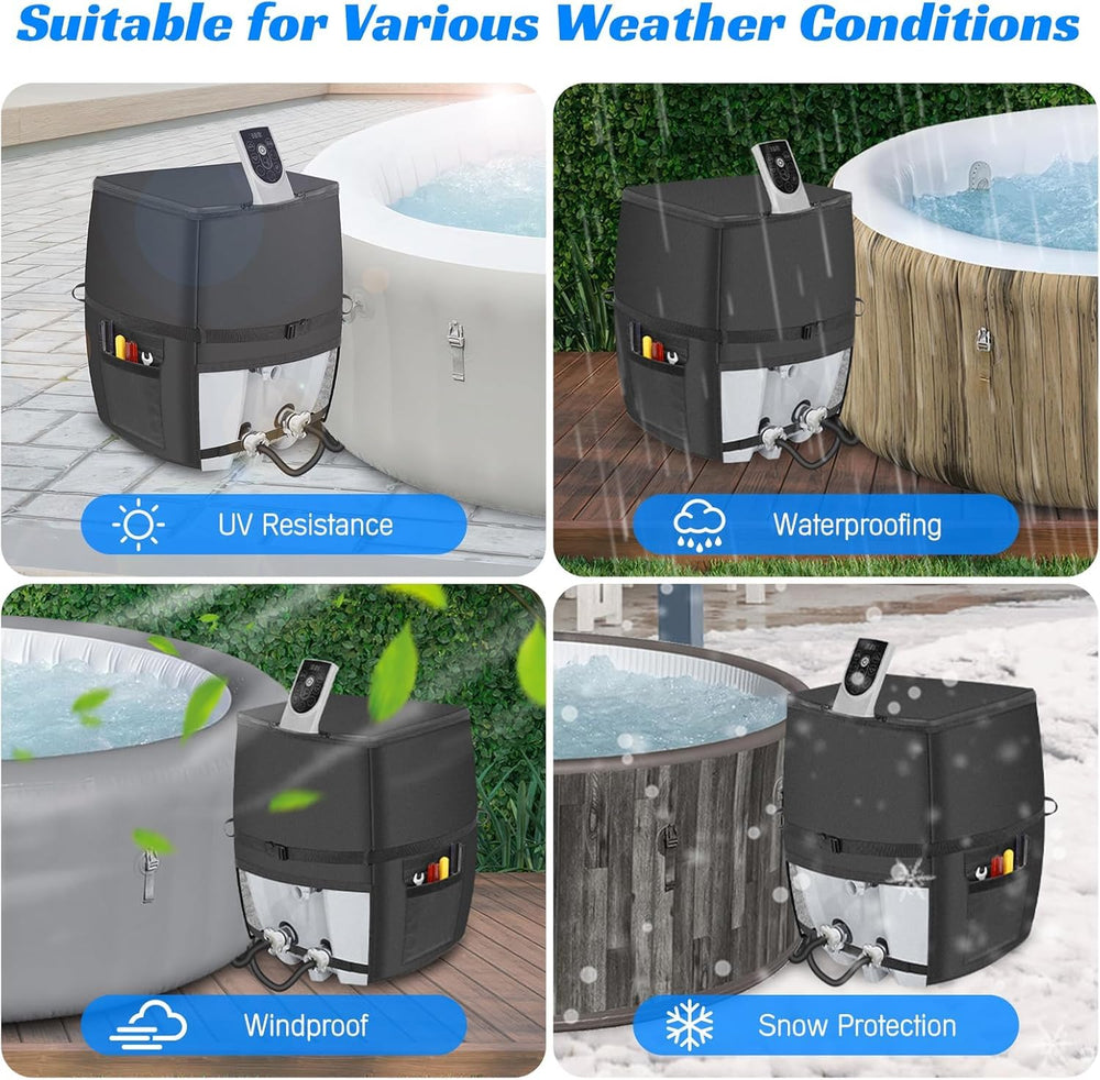 bespeur cover on pump beside outdoor hot tub, enhances spa longevity