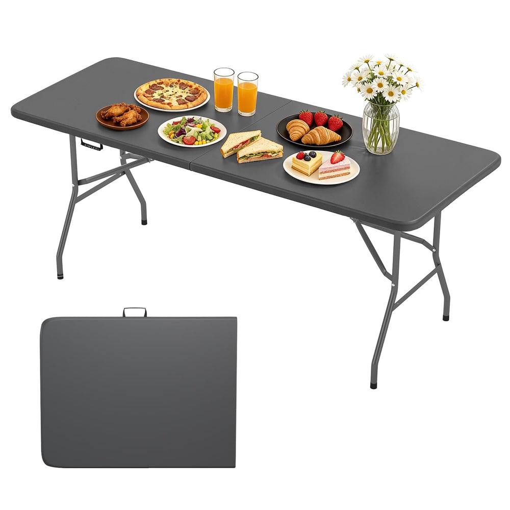 BestOffice front view of 6 ft grey folding table showing usable surface benefit