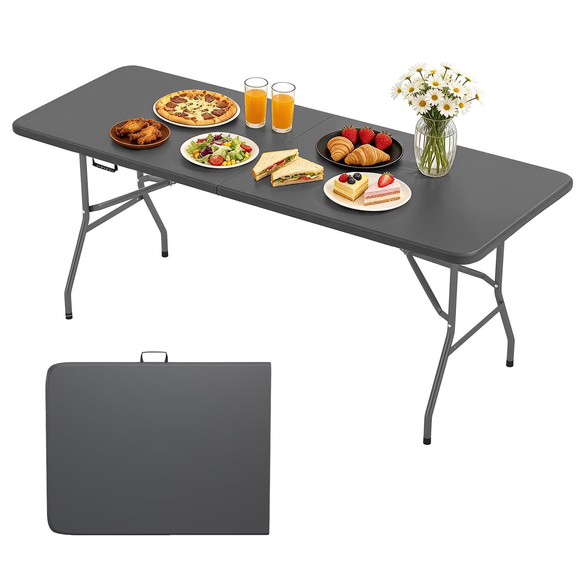 BestOffice front view of 6 ft grey folding table showing usable surface benefit