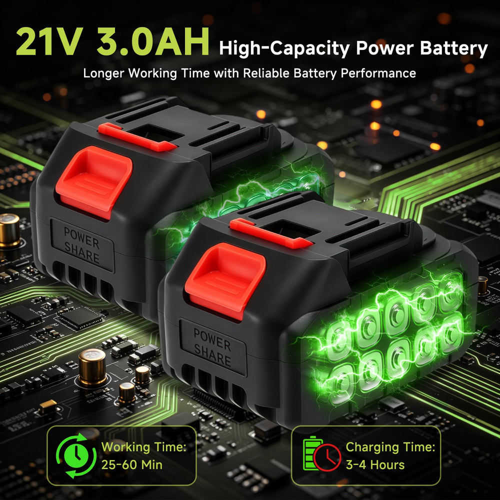 Bestregerd two 21V batteries and charger highlighting extended runtime