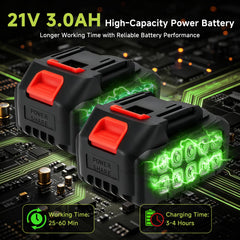 Bestregerd two 21V batteries and charger highlighting extended runtime
