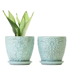 Bestseler front view of retro green ceramic planter pair showing finish and shape benefit: stylish display
