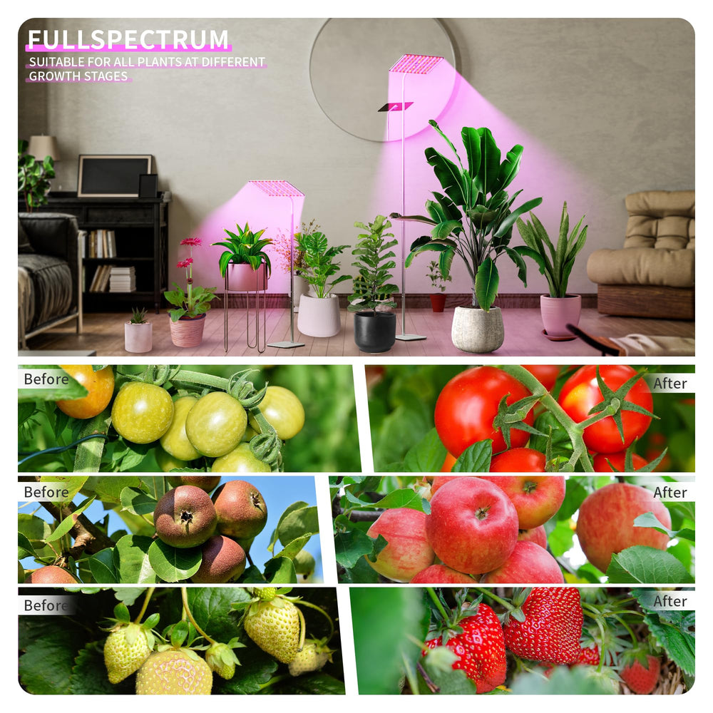 BESTVA lamp shining over multiple potted plants for uniform growth and healthier foliage benefit