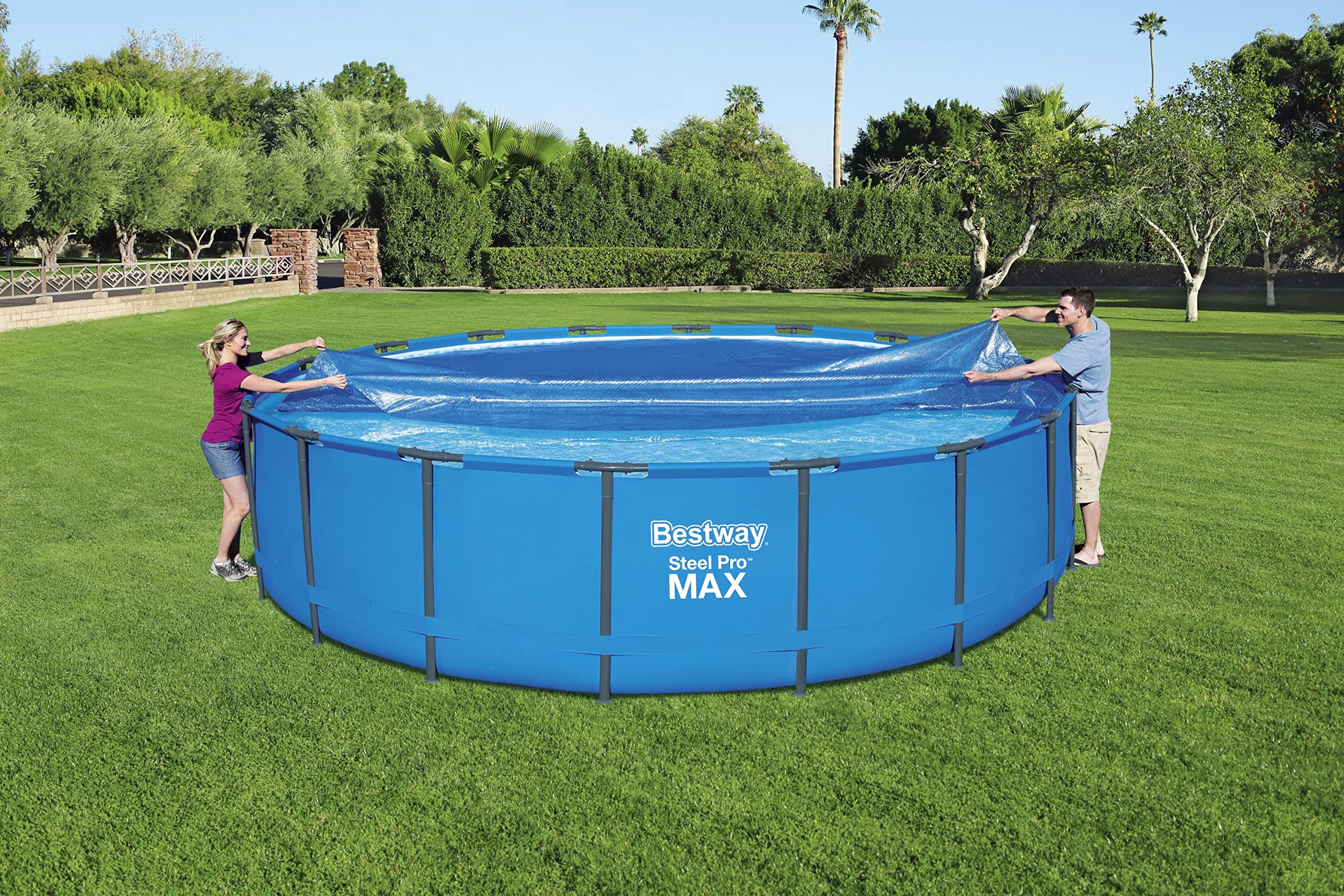 Bestway cover tucked inside rim showing secure fit and debris protection