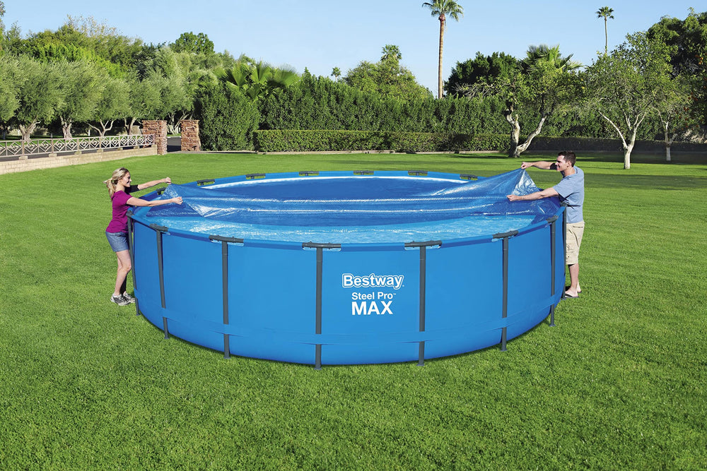 Bestway cover tucked inside rim showing secure fit and debris protection