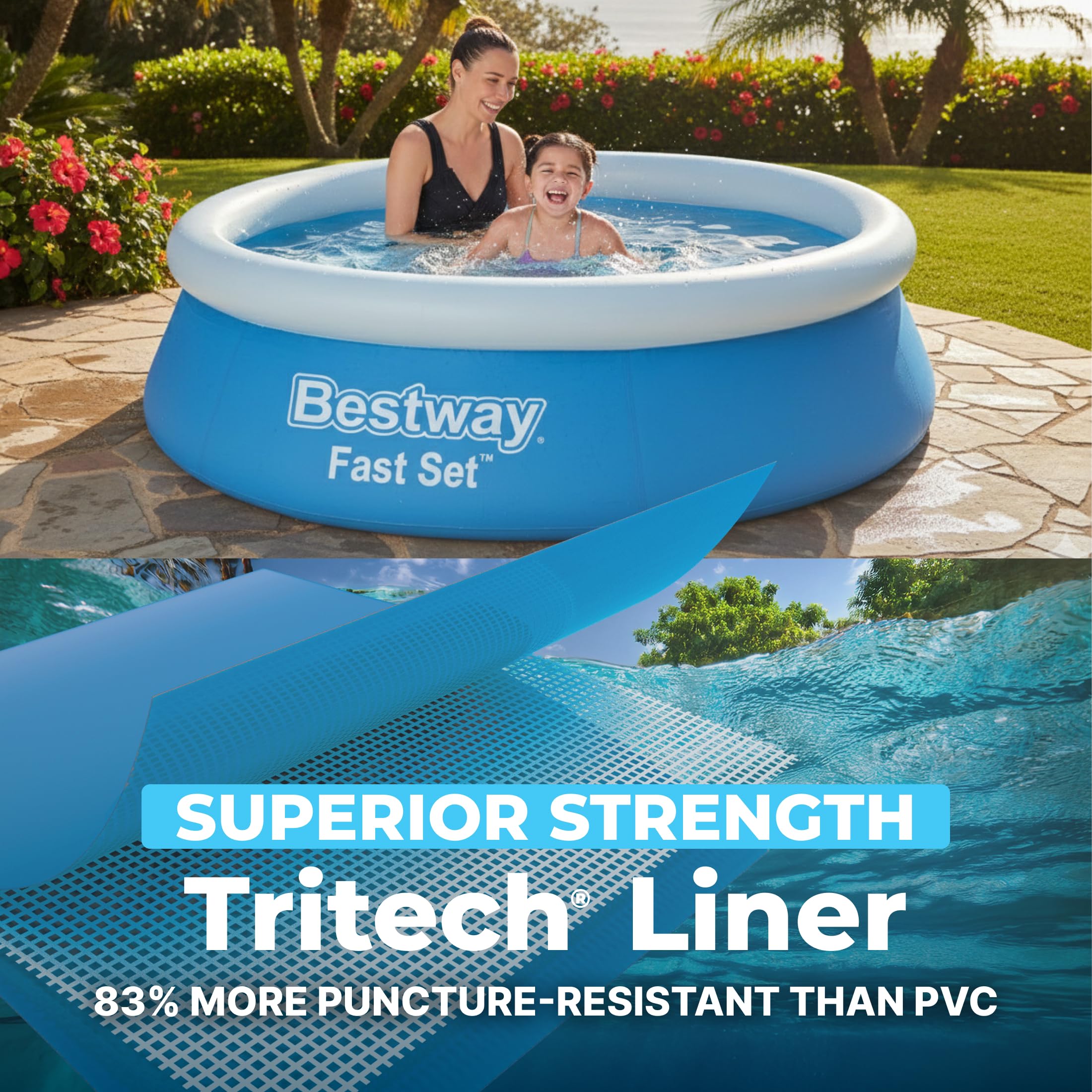 Bestway family using pool showing safe backyard play benefit