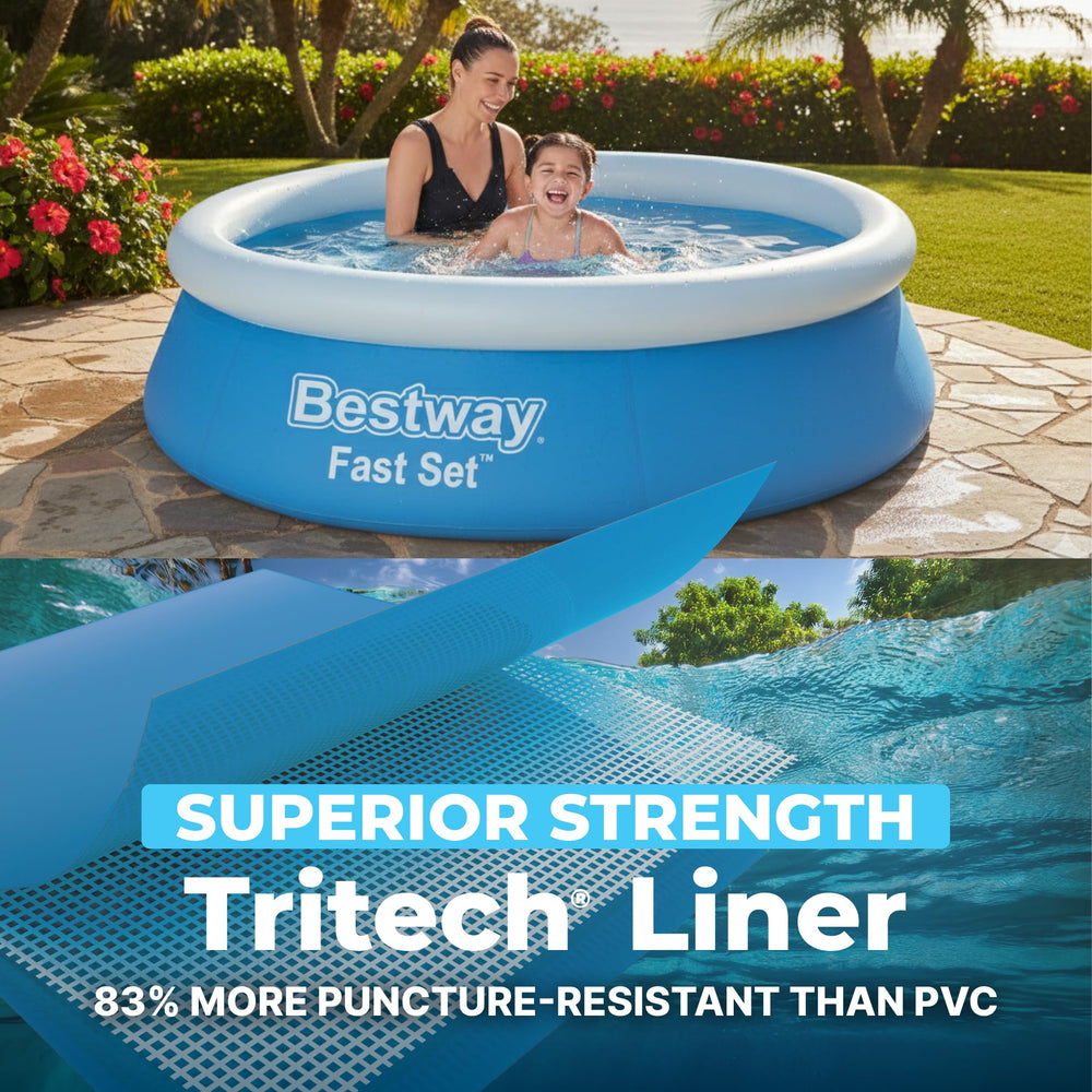 Bestway family using pool showing safe backyard play benefit