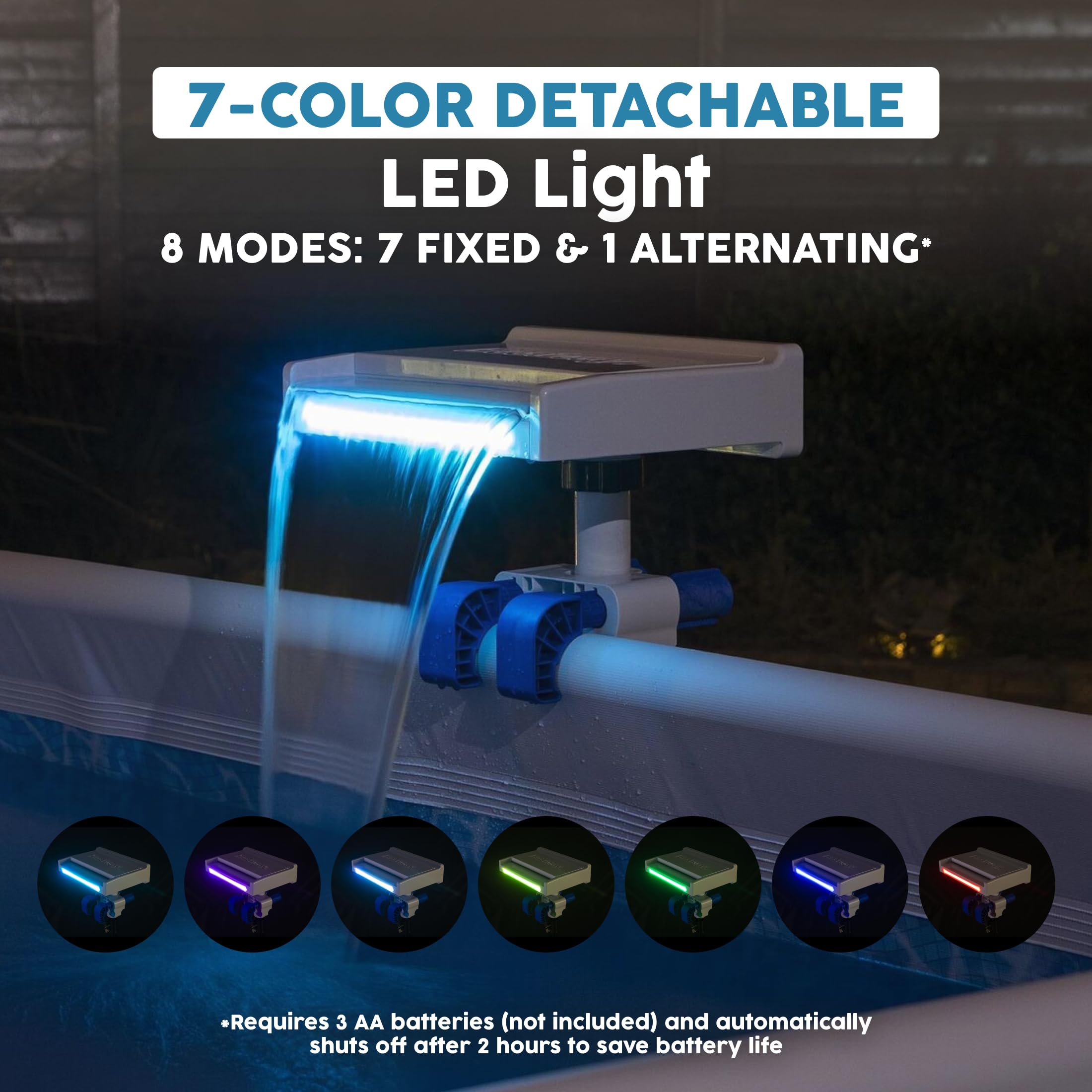 Bestway flowclear cascade in use at night creating illuminated gentle waterfall ambiance