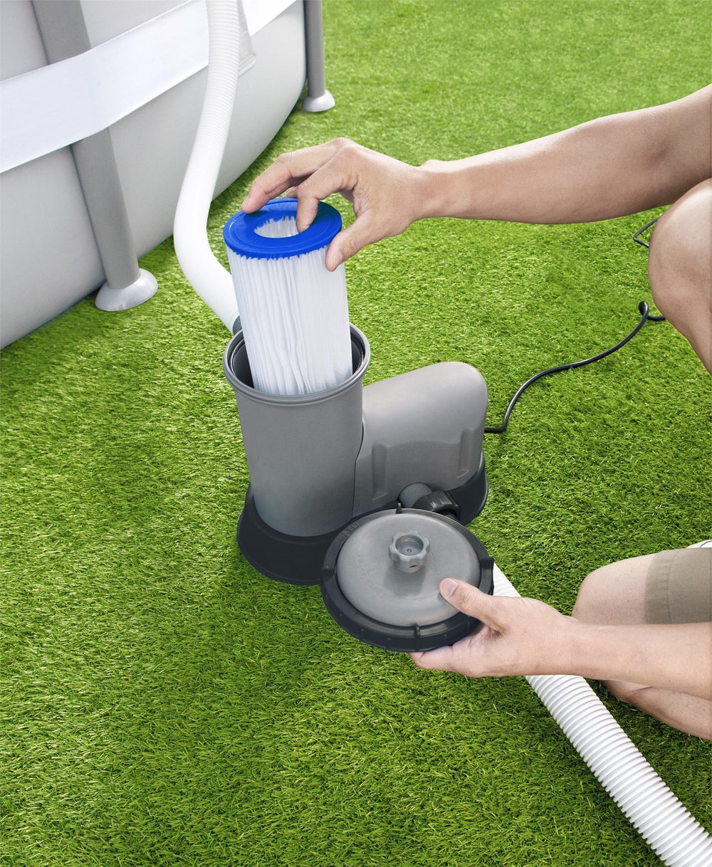 Bestway pump mounted on above-ground pool demonstrating simple installation benefit