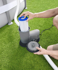 Bestway pump mounted on above-ground pool demonstrating simple installation benefit