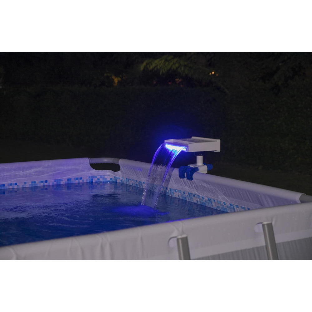 Bestway flowclear lifestyle backyard evening scene showing colorful pool relaxation