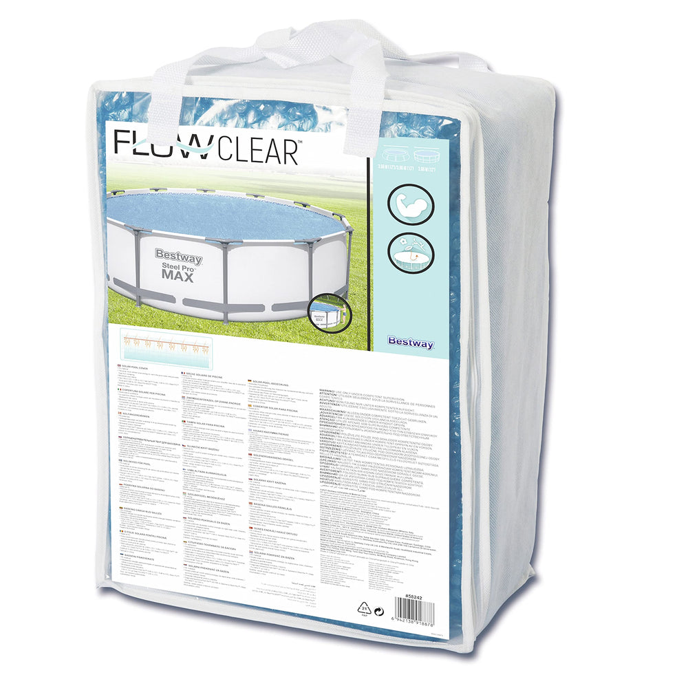 Bestway Flowclear cover floating on pool to retain warmth and block debris