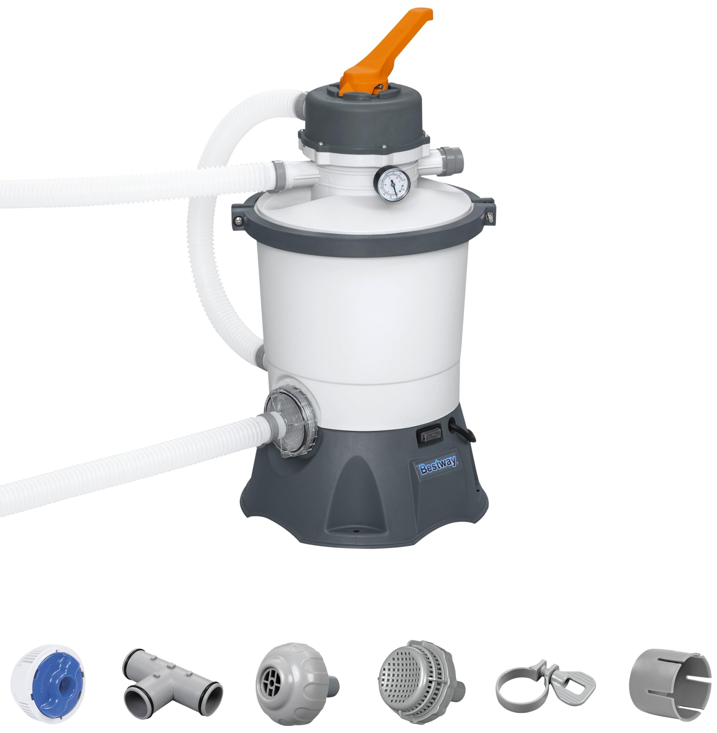 Bestway pump next to a chair for scale showing compact footprint and space savings