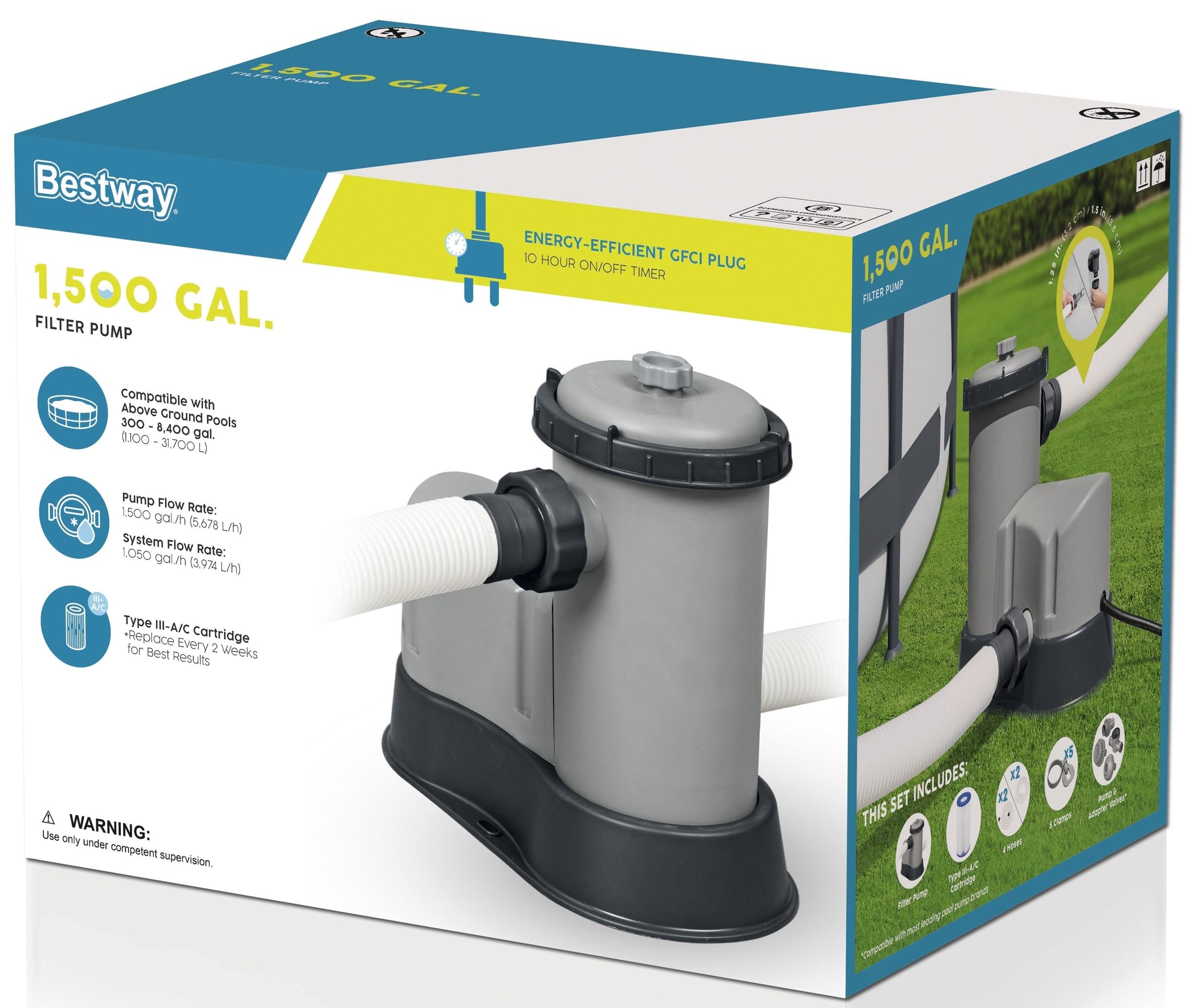 Bestway pump next to common objects to show scale and space-saving footprint