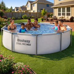 Bestway side angle of filled pool illustrating water depth and usable space