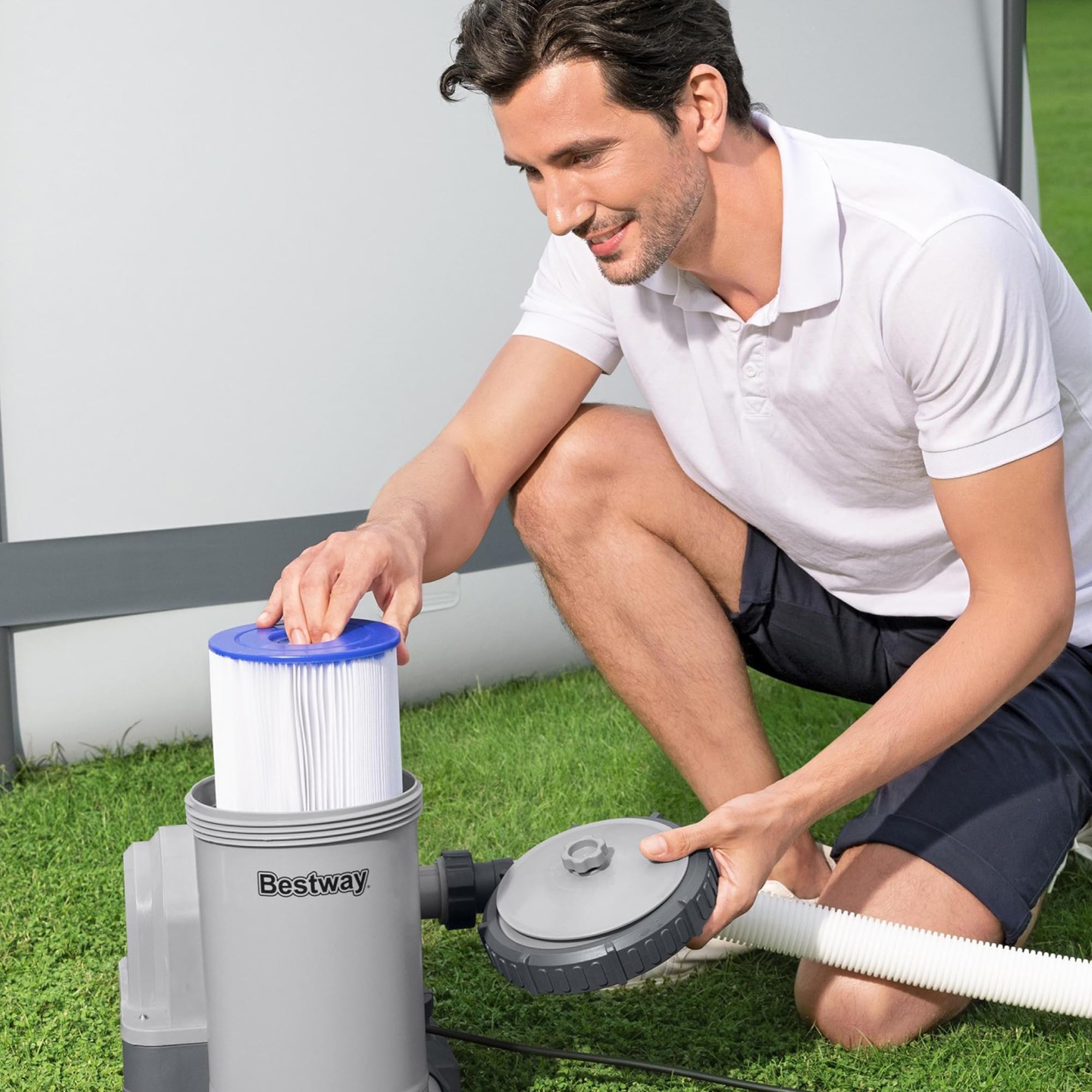 Bestway side profile illustrating size and placement by the pool
