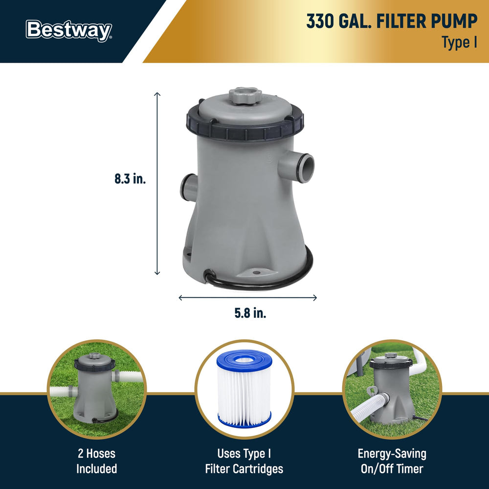 Bestway pool next to adult for scale showing compact footprint and fit