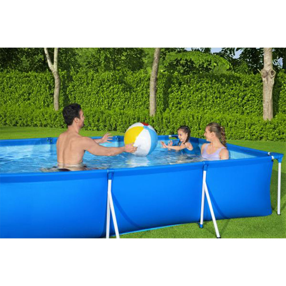 Bestway pool next to lawn chair showing compact size and fit