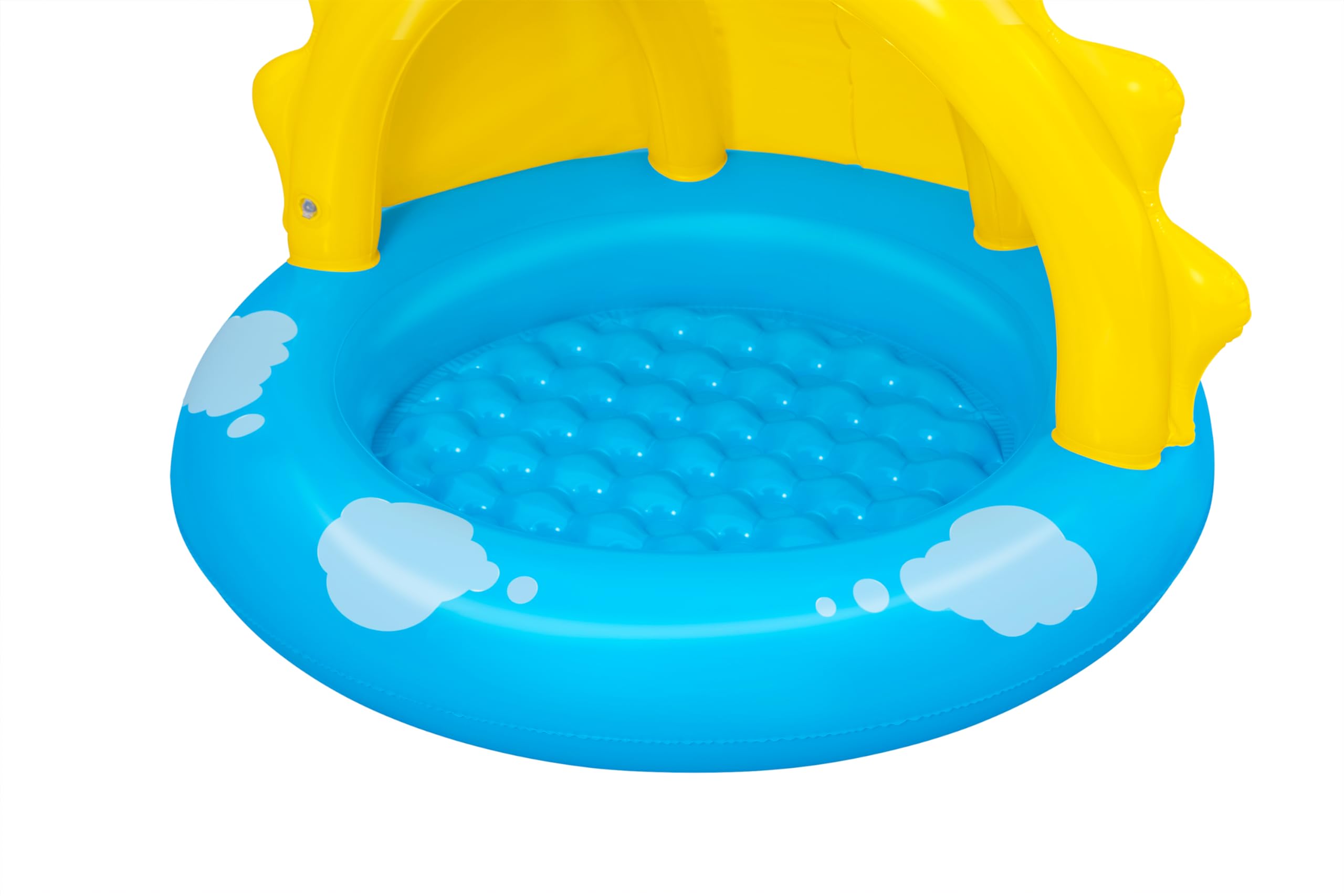 Bestway pool next to adult hands showing compact size and easy handling