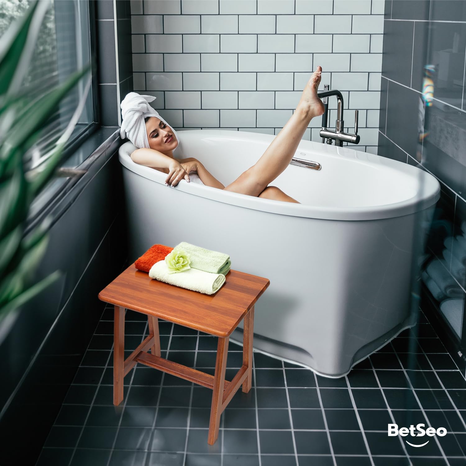 BETSEO acacia stool in bathroom demonstrating practical shower or vanity use