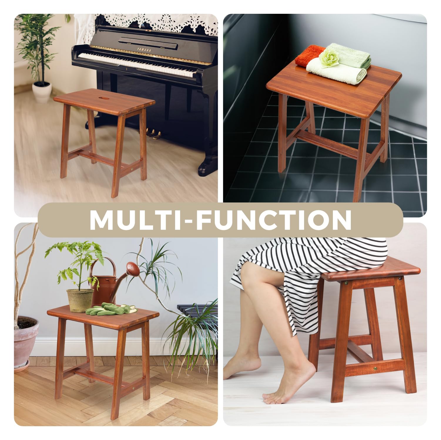 BETSEO acacia stool side profile showing sturdy four-leg construction