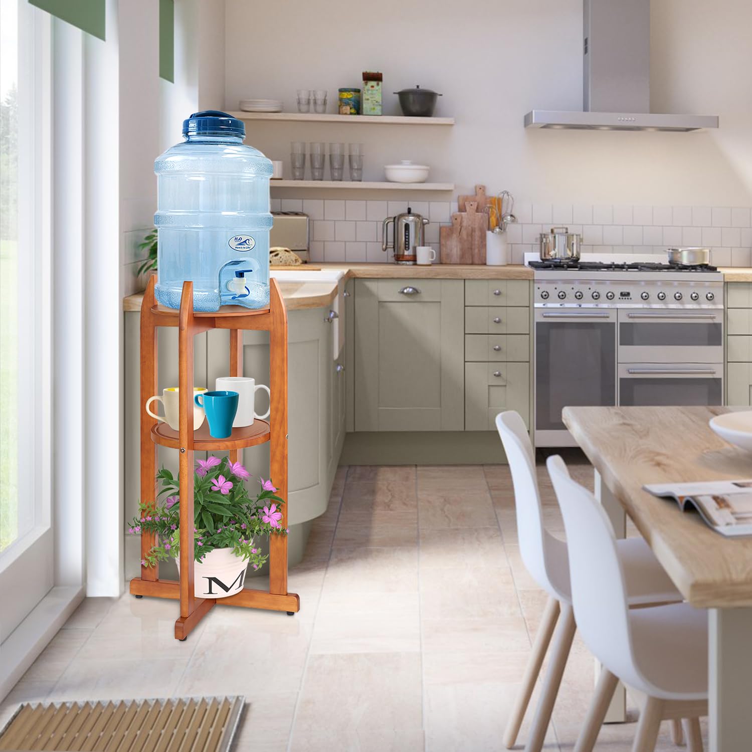 BETSEO stand supporting a glass 5-gallon jug demonstrating easy dispensing height