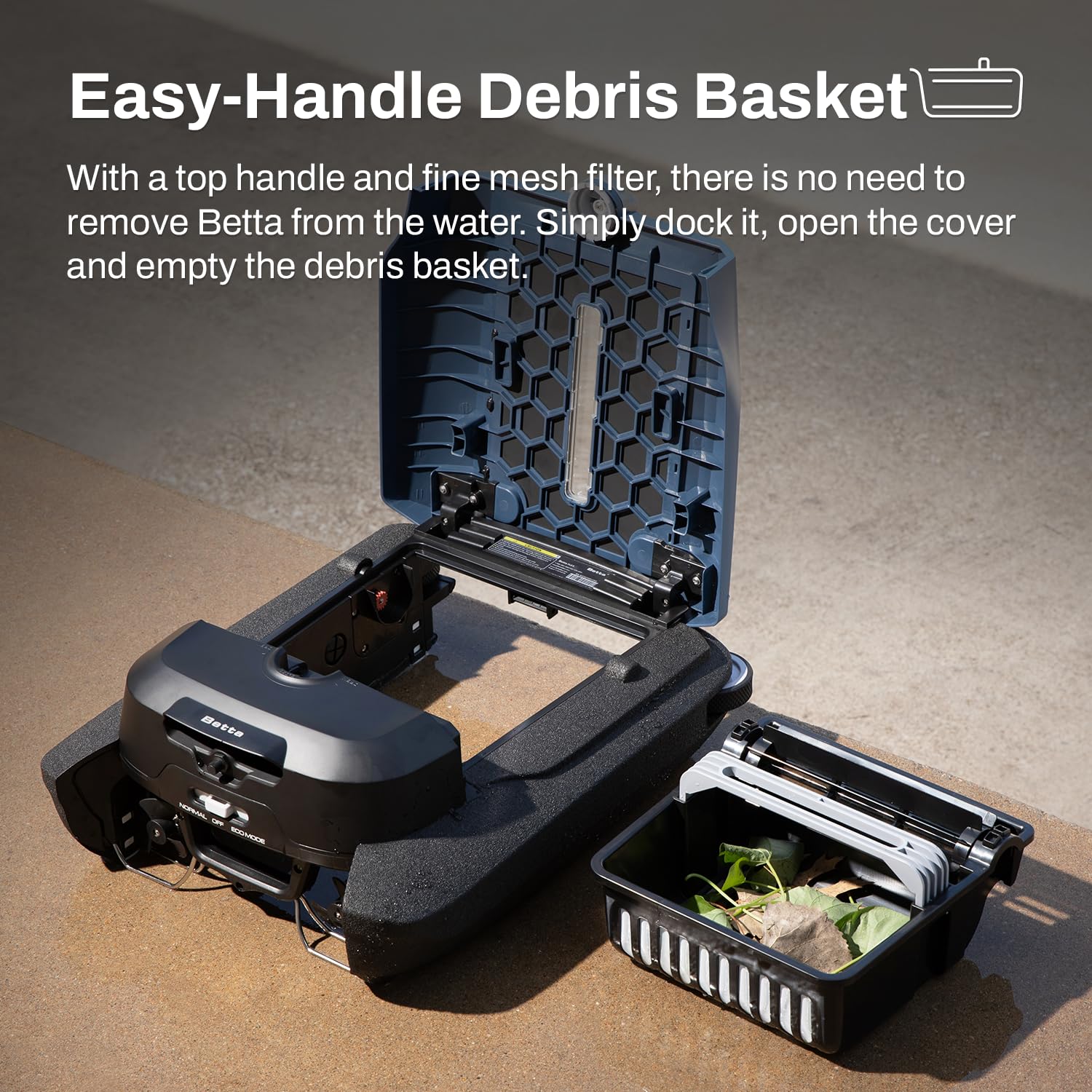 Betta Flex poolside lifestyle shot illustrating solar-powered convenience and quiet operation