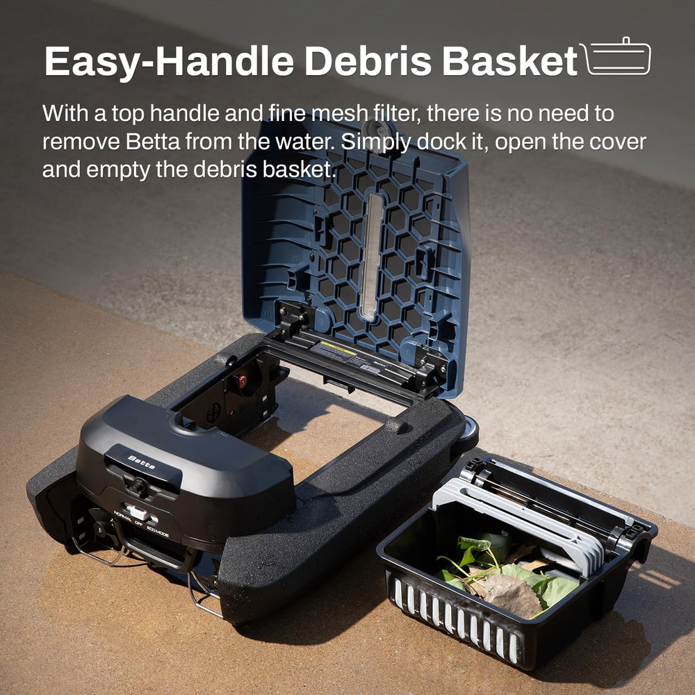 Betta Flex poolside lifestyle shot illustrating solar-powered convenience and quiet operation
