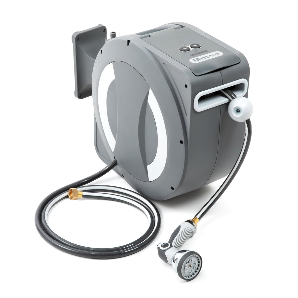 Betta front packaging showing reel and hose, highlights neat storage benefit