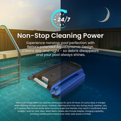 Betta SE solar panels on top with brand capturing sunlight for continuous cleaning